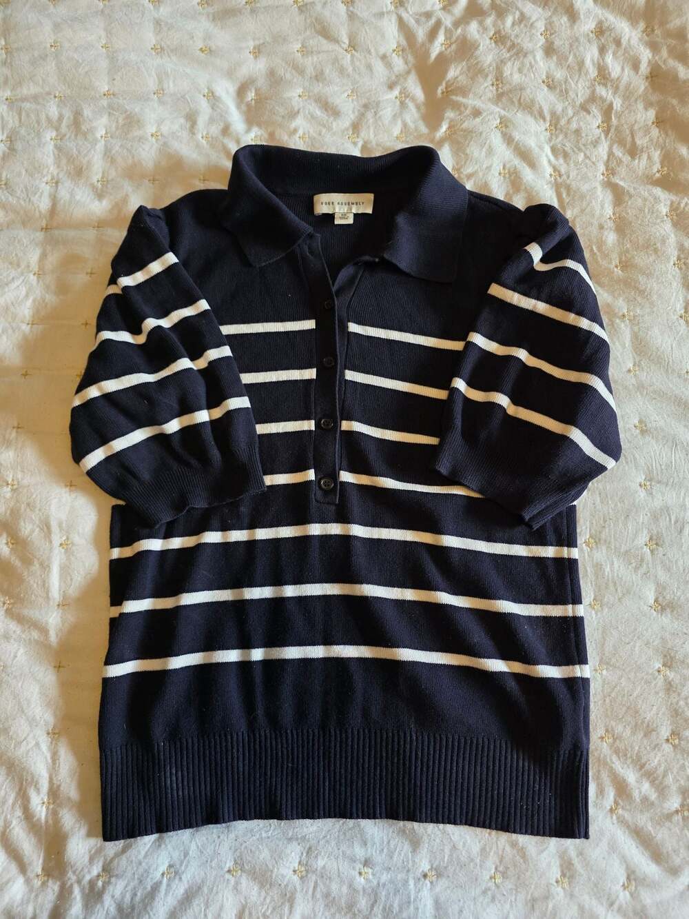 Free Assembly Women's Ribbed Stripe Puff Sleeve Polo Sweater